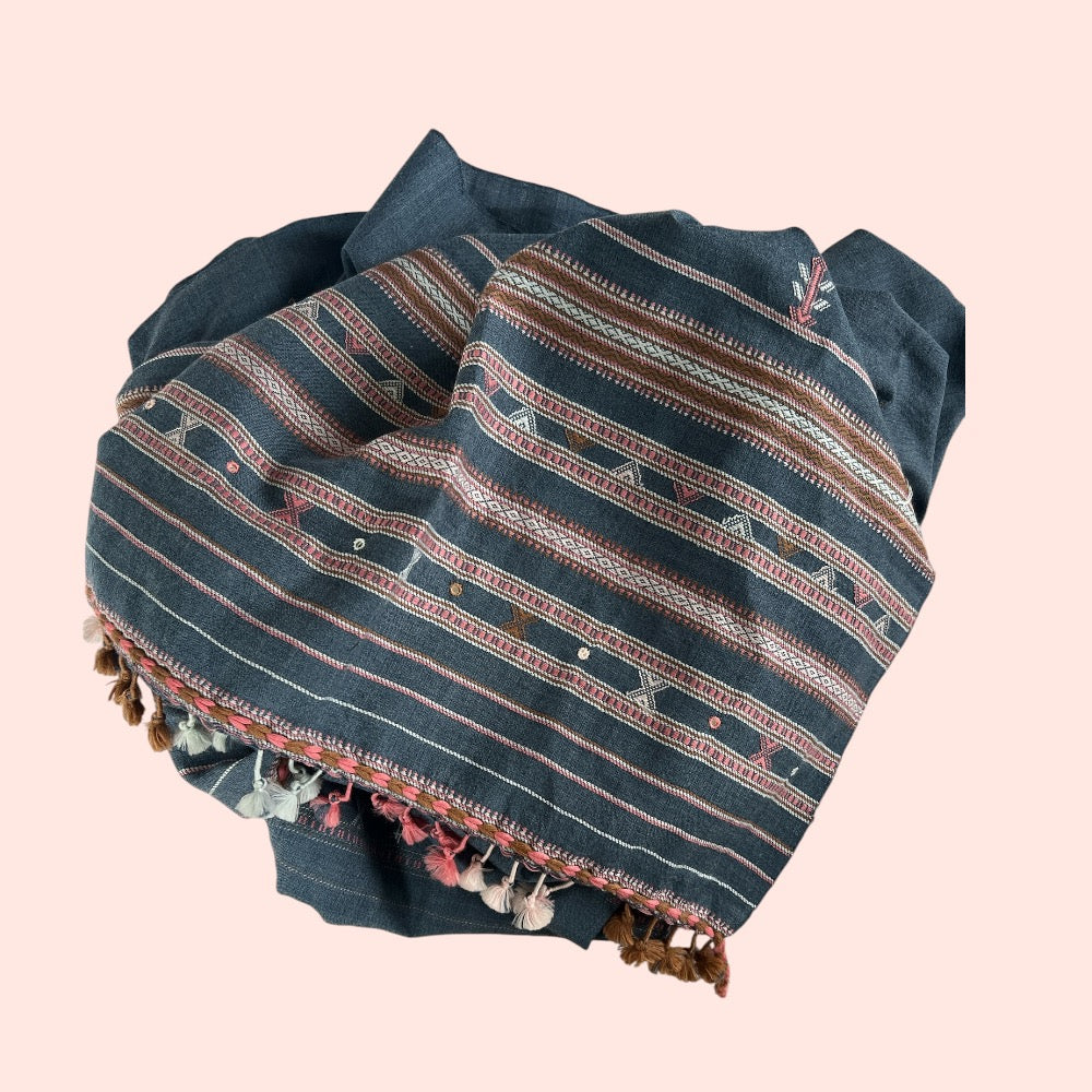 Handloom Fine Wool Jalbooti Shawl Blue